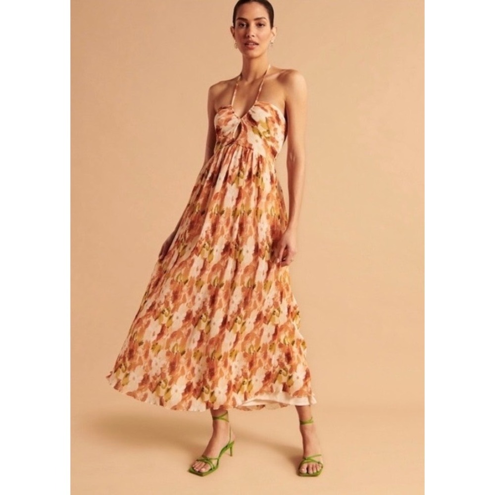 Abercrombie & Fitch Pleated Floral Halter Maxi Dress Size MT Orange Brown